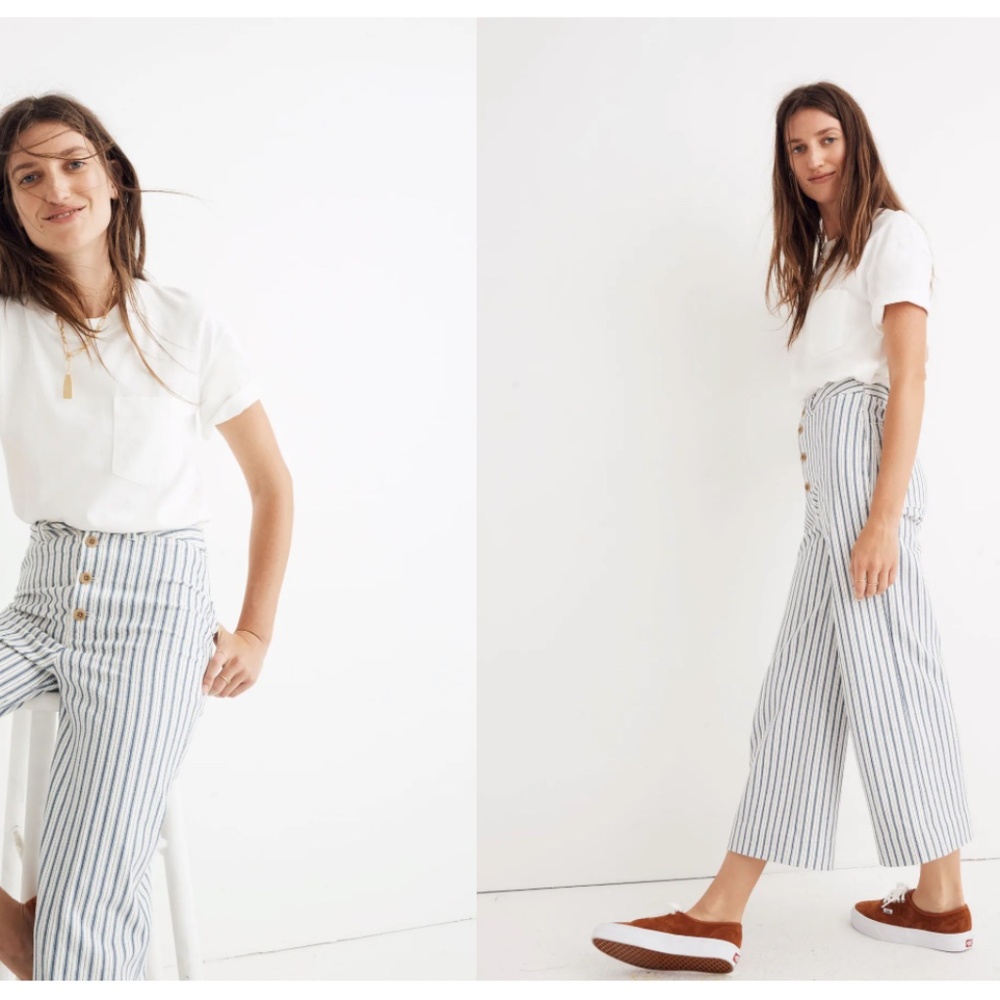 Madewell High-Rise Wide Straight-Leg Cropped Pants in White with Navy Stripe
